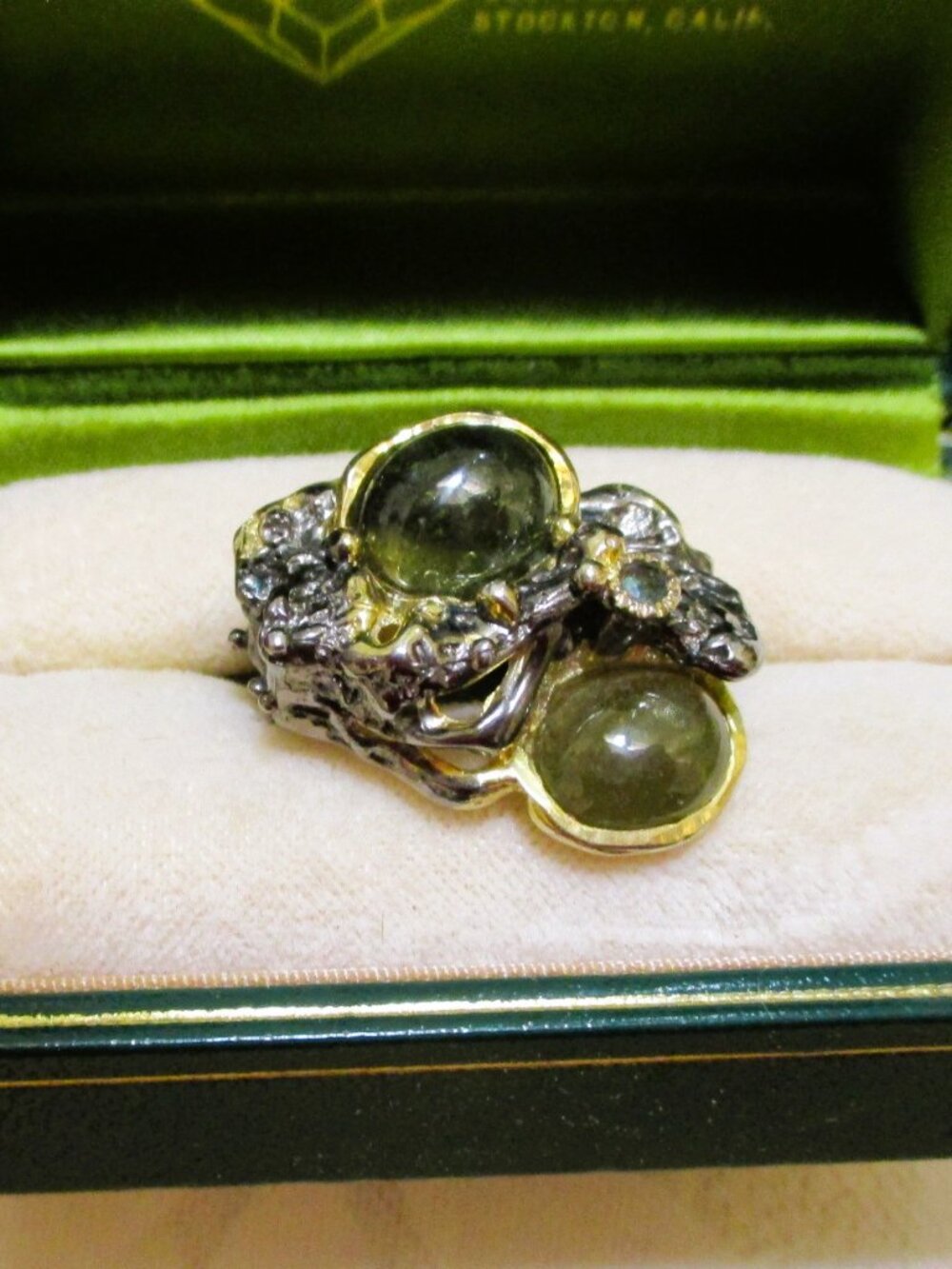 VINTAGE Artisan African Green Sapphire Ring: Sterling Gold Vermeil Avant Garde